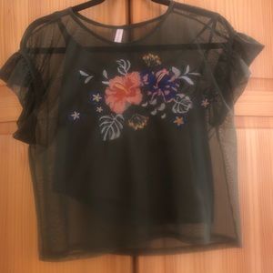 Embroidered floral camo green blouse